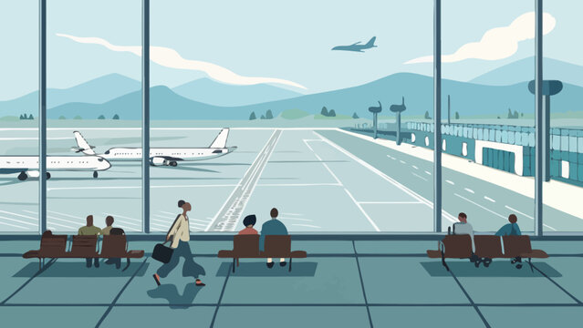 Passengers in airport terminal waiting for flight departure with runway view passengers terminal airplane traveler departure aviation transportation interior aircraft vacation boarding