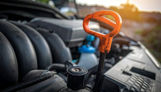 A close-up view of an engine with an oil dipstick