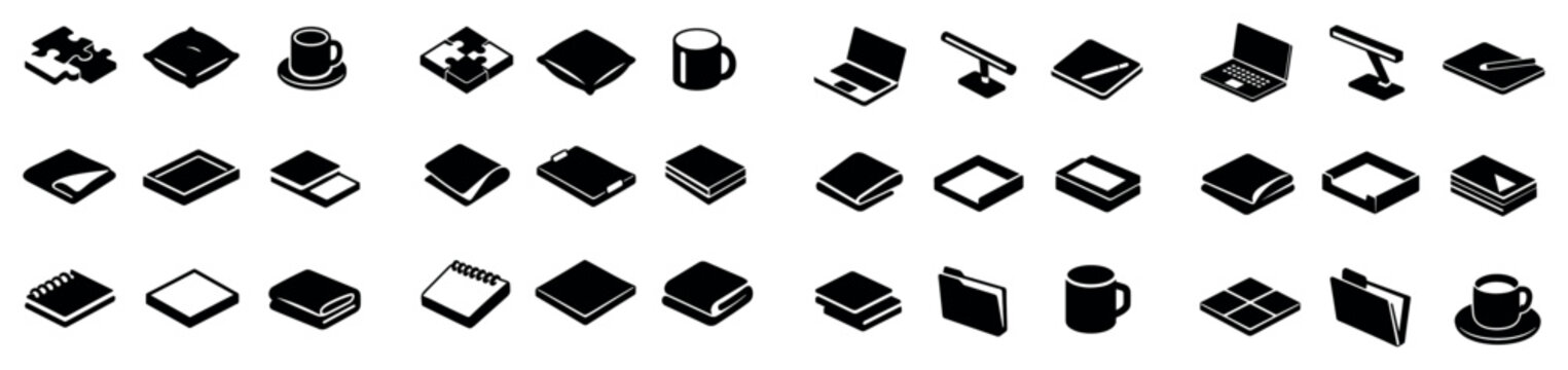 Business and office design icons with paper stack cup laptop for infographic layout in bold vector art