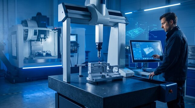 Engineer Operating CMM Machine in High-Tech Manufacturing Facility