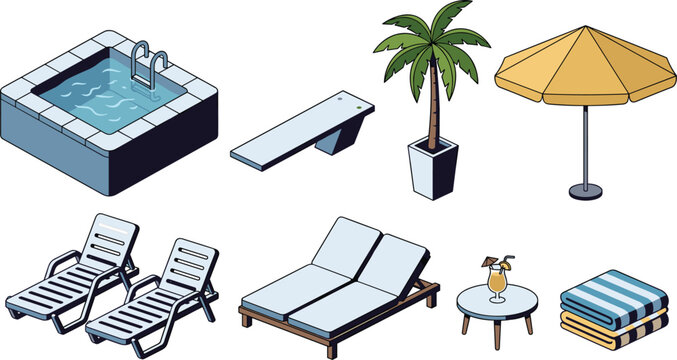 Isometric Swimming Pool Furniture Vector Set Featuring Hot Tub Lounge Chairs Umbrella Diving Board Palm Tree and Towels Isolated on White Background