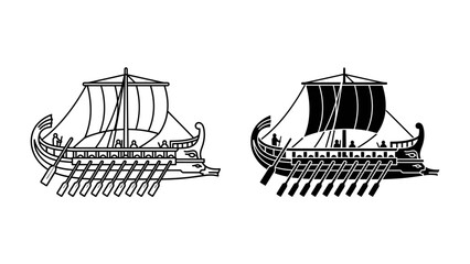 Ancient Ships: Two detailed illustrations of ancient galleys, one in black and white and the other in silhouette, showcasing oarsmen and sail power, evoking maritime history. © Hasina