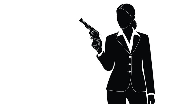 Woman holding revolver in a business suit stark black silhouette female person figure dark monochrome suit professional attire clothing handgun