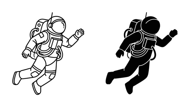 Astronaut Silhouette and Outline: A stylized illustration depicting an astronaut in a spacesuit, presented in both a solid silhouette and a line-art outline, floating in zero gravity.