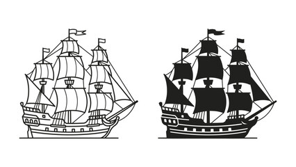 Galleon Ships in Silhouette and Line Art: Two majestic galleons, one rendered in detailed line art and the other as a bold black silhouette. © hammad