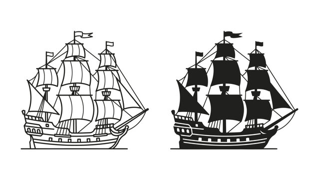 Galleon Ships in Silhouette and Line Art: Two majestic galleons, one rendered in detailed line art and the other as a bold black silhouette.