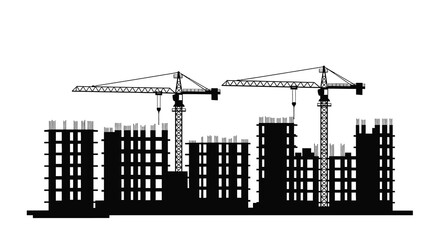 Obraz premium Construction site with cranes and unfinished buildings in black silhouette architecture urban cityscape development structure tower framework scaffolding concrete steel