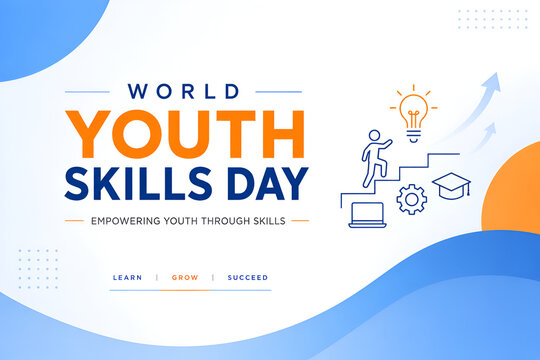 World Youth Skills Day Minimal Blue Orange Education Banner with Modern Flat Desig