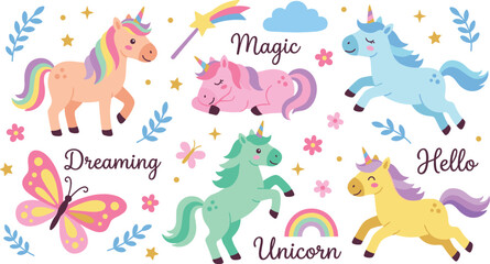 Cute magical unicorn vector illustration set with colorful fantasy characters rainbow magic wand butterfly and nursery script text phrases on white background © Rumi