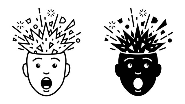 Explosion of Ideas: Two stylized faces with open mouths and wide eyes, symbolizing a sudden burst of inspiration or a mind-blowing realization, with abstract shapes radiating from their heads.