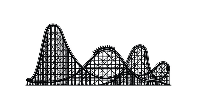 Detailed wooden roller coaster structure depicted as a black silhouette against a white background silhouette rollercoaster amusement park ride thrill