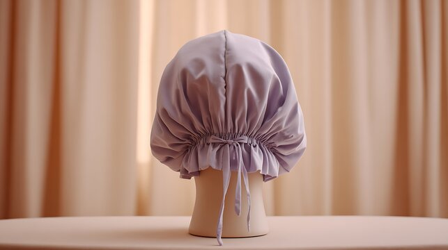 Light purple fabric hair bonnet on a mannequin head against beige curtains