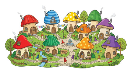 Fototapeta premium Toadstool village with mushroom houses in enchanted forest