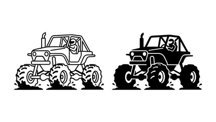 Monster Truck Icons: Two stylized monster trucks, one in outline and one in silhouette, showcasing their oversized tires and rugged design for off-road adventure. © Hasina
