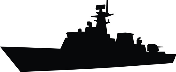 Black silhouette of a modern military naval warship ship at sea for defense and naval power concepts © Jannatul