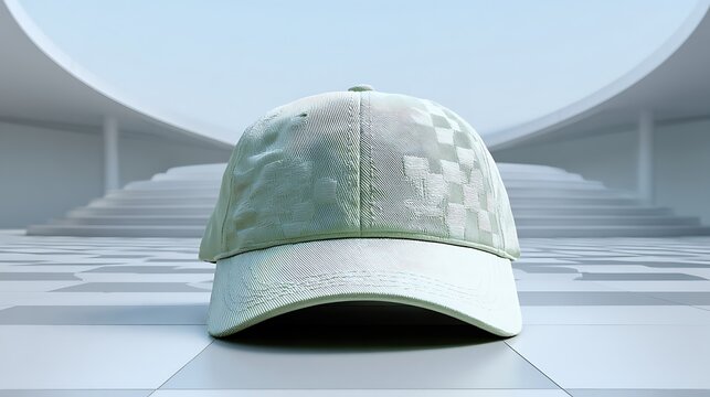 Pale green baseball cap with checkered pattern on a light architectural background