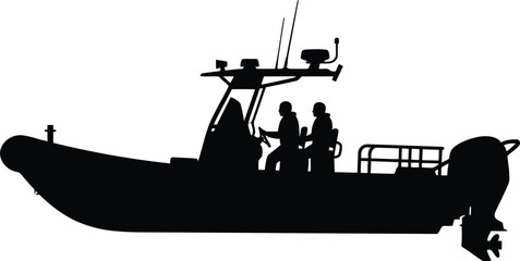 Black silhouette of a fast rigid inflatable motor boat with two people on board driving across the water © Jannatul