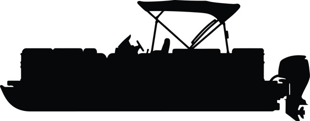 Black silhouette of a pontoon boat with an outboard motor and a canopy top © Jannatul