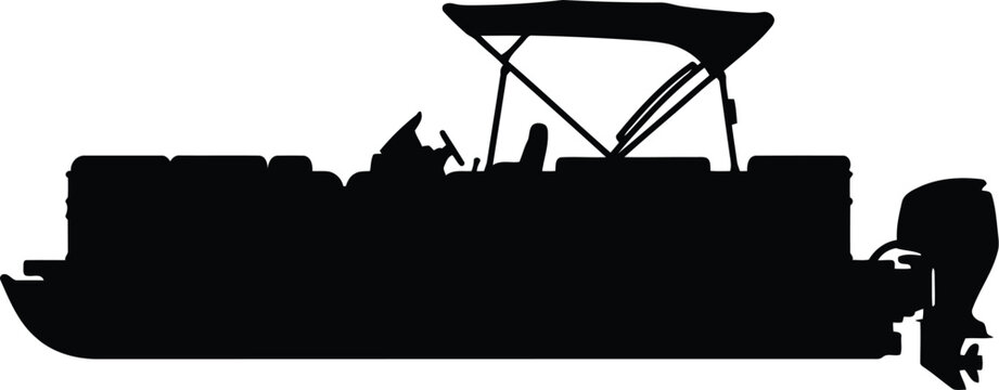 Black silhouette of a pontoon boat with an outboard motor and a canopy top