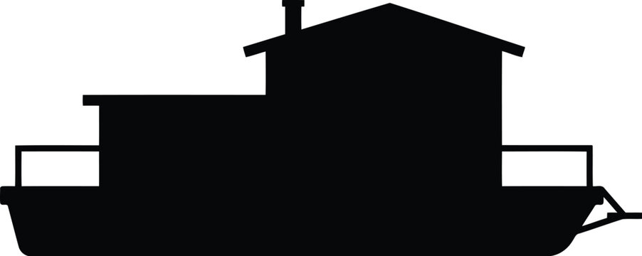 Simple black silhouette icon of a houseboat on water showing a side profile view of a floating home structure with a chimney and deck rails for nautical design use