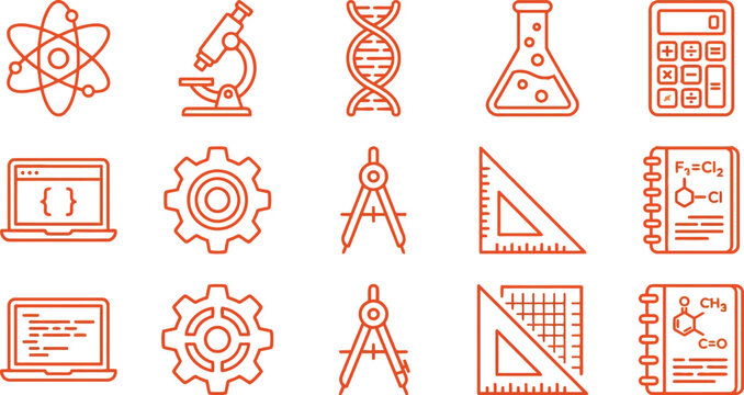 Collection of fifteen stem education line icons for science technology engineering and math class