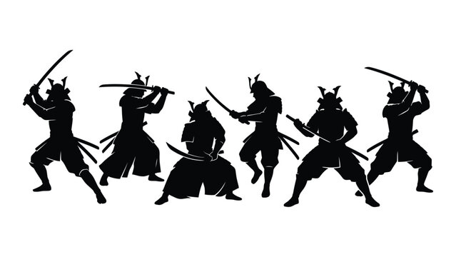 Black silhouettes of samurai warriors with swords in different poses