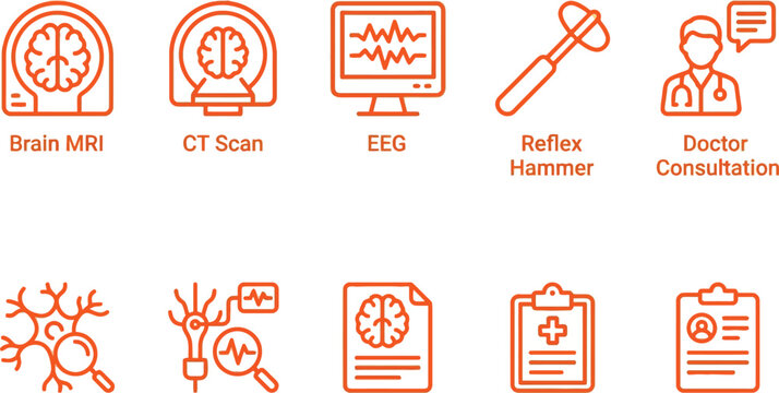 Collection of neurological diagnosis icons featuring brain scans and medical consultations.