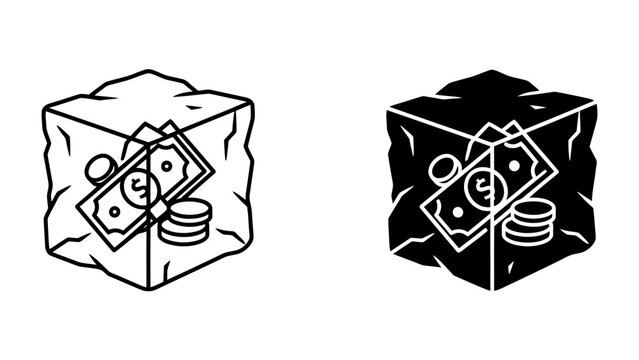 Frozen Assets: A stylized illustration depicts currency, including banknotes and coins, encased within a block of ice, symbolizing financial stagnation or frozen capital.