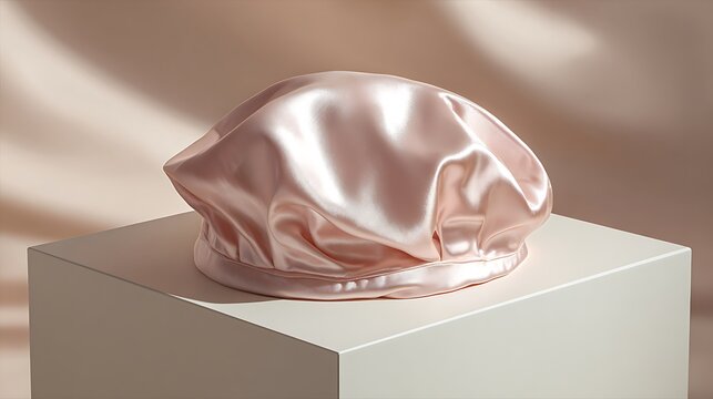 Pale pink satin sleep bonnet resting on a white square pedestal