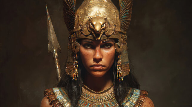Female warrior in ornate Egyptian headdress and armor, adorned with intricate jewelry, holding a spear, set against a dark, textured background