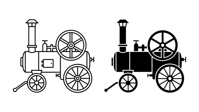 Steam Engine Icons: A pair of stylized icons depicting a steam engine, one in outline and the other in silhouette, represent the powerful industrial revolution and its machinery.