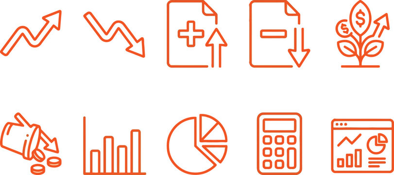 Financial profit and loss business icons with charts graphs and money growth vector set