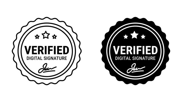 Verified Digital Signature Stamp: Two stylized circular stamps, one in outline and one in solid black, both displaying VERIFIED DIGITAL SIGNATURE and a signature-like flourish.