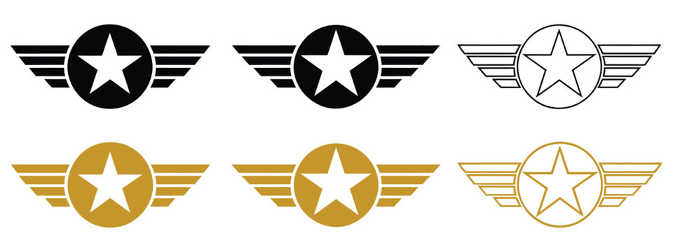 Vector Aviation Wing Emblems with Star Set, Military Style Pilot Badge Collection, Air Force Wings, Flight Insignia, Aviation Symbols, Vintage Crest Logos and Heraldic Vector Illustration Bundle.