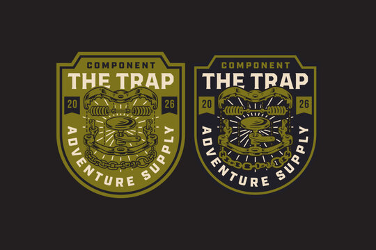 Animal trap mechanism retro badge design for camping and survival. Set collection of vintage Hunting bear trap badge. Hunt gear rustic emblem logo with Steel bear trap parts illustration