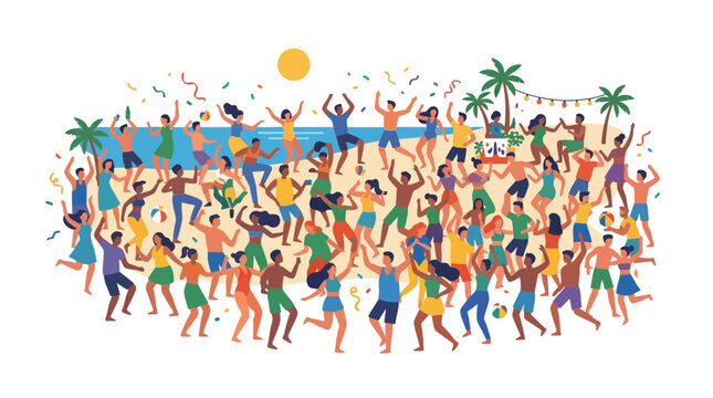Diverse crowd dancing and celebrating at a vibrant beach party under the sun