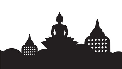 Buddha Silhouette Icon with Black Meditation Figure and Temple Domes Featuring Dotted White Patterns © Harry 