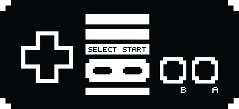 Pixel art retro video game controller icon featuring a classic D-pad, select and start buttons, and A B action buttons in black and white 8-bit design.