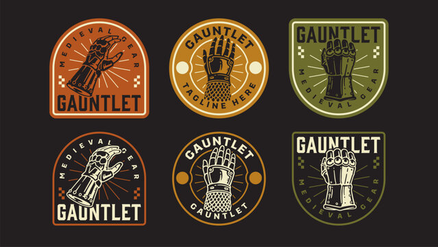 Knight armored glove retro badge design for fantasy and gaming. Set collection of vintage Historical Warrior Glove badge. Medieval armor rustic emblem logo with plate gauntlet illustration