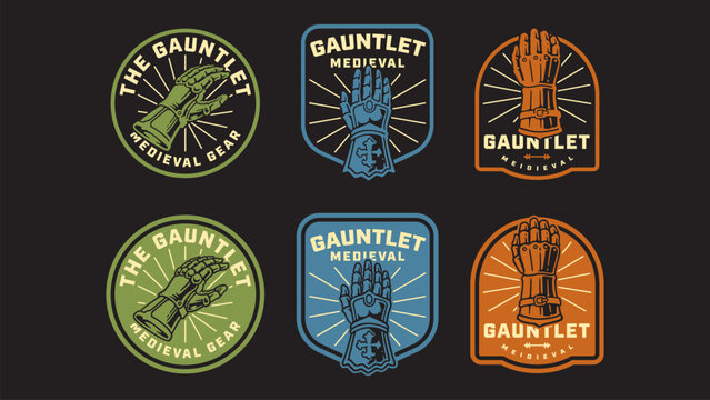 Medieval gauntlet retro badge design for fantasy and history. Set collection of vintage knight gauntlet equipment badge. Historical armor rustic emblem logo with steel armored glove illustration