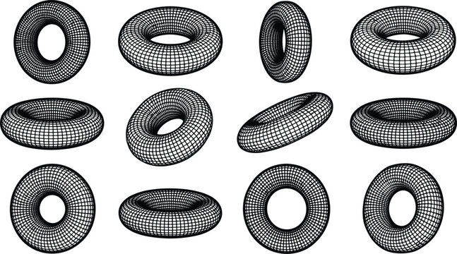 Abstract 3D wireframe torus geometric shapes set black grid donut vector elements on white background