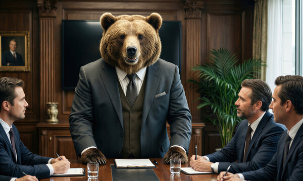 A brown bear in a black three-piece suit smiles confidently at the head of an oak conference table with annual reports in a sunlit executive boardroom.