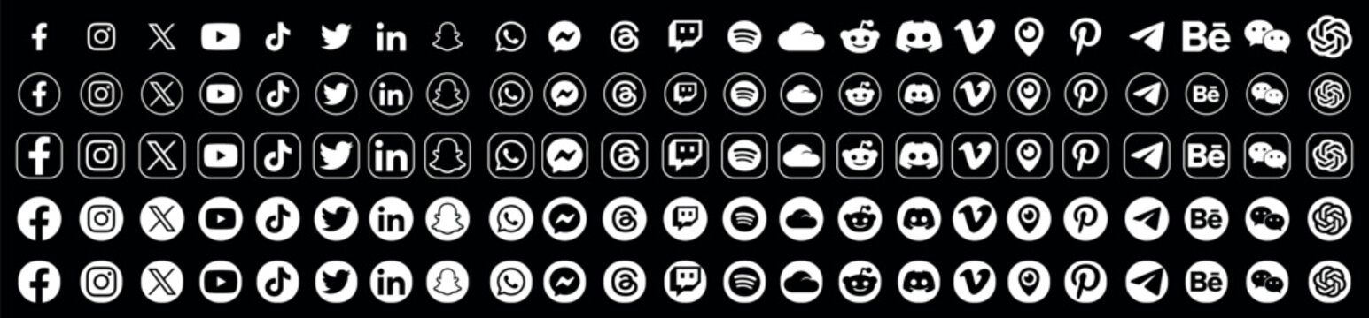 White Social Media Logos Collection with facebook, instagram, youtube, linkedin, whatsapp, twitter, pinterest, snapchat Icons in Black Circular Style Isolated on transparent Background