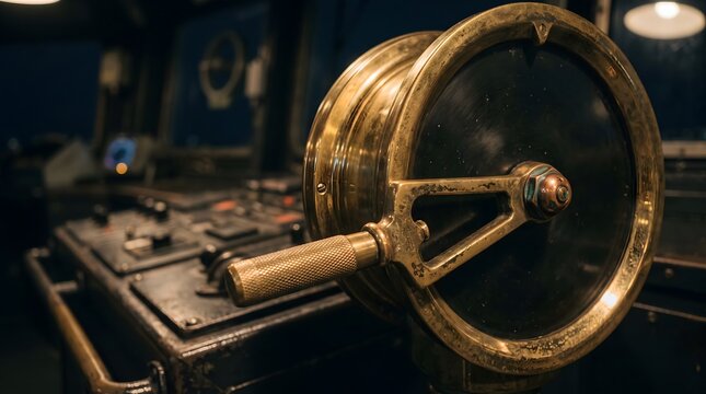 A close-up view of an antique ship's engine telegraph, a brass lever prominent against a dark, control panel background.