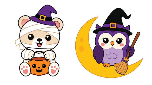 Cute halloween mummy bear and witch owl graphic set with halloween crescent jackolantern celebration illustration creature whimsical decoration mystical