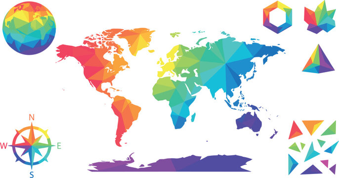 Colorful Low Poly World Map and Globe Vector Set with Rainbow Gradient Geometric Compass Rose and Polyhedral Navigation Icons for Infographic Designs