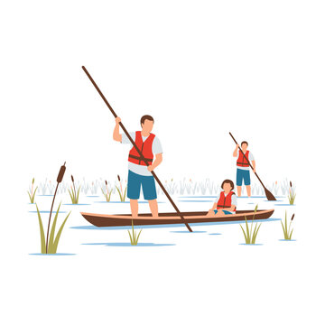 Traditional wooden pirogue boat being propelled by a man with a punting pole on a calm river waterway, vector illustration design suitable for travel and culture concepts.