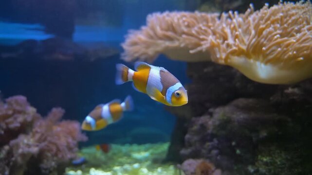 Vibrant Amphiprioninae Ocellaris in Coral Reef Aquarium