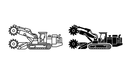 Trenching Machine Illustration: A technical illustration showcasing a heavy-duty trenching machine with rotating cutters on a tracked chassis, presented in both line art and solid silhouette versions. © Nazmul