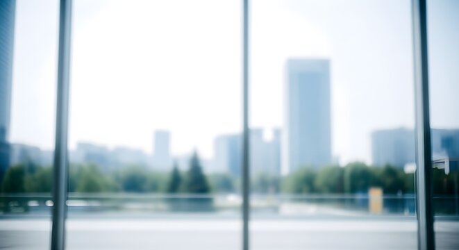 A blurred cityscape seen through large glass windows, offering a bright, abstract view of modern buildings and distant trees.